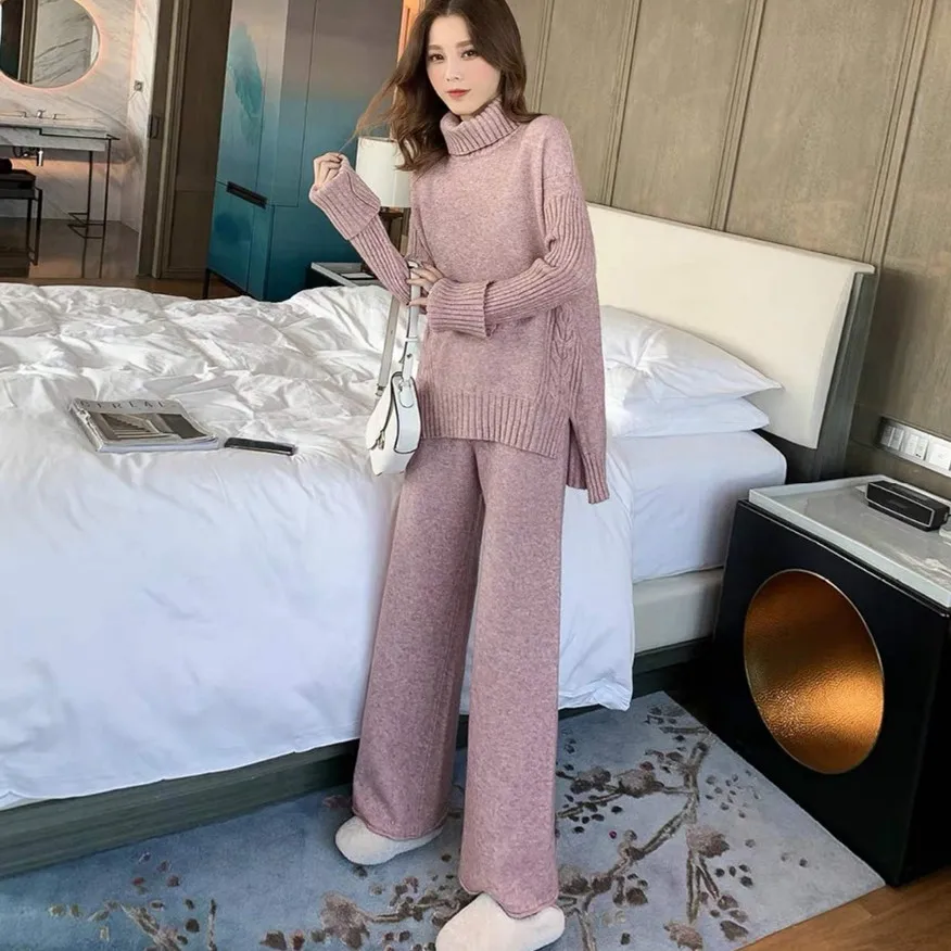 

2020 Autumn Winter 2 Piece Set Women Knitted Suit Loose Turtleneck Sweater + Casual Wide Legs Pants Suit Tracksuit Trousers