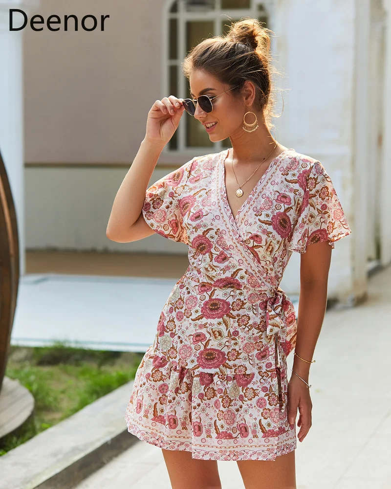 

Deenor Summer Women Floral Print Dress Boho Short Sleeve High Waist V Neck Casual Dresses Sexy Female Mini Vestidos 2021 New