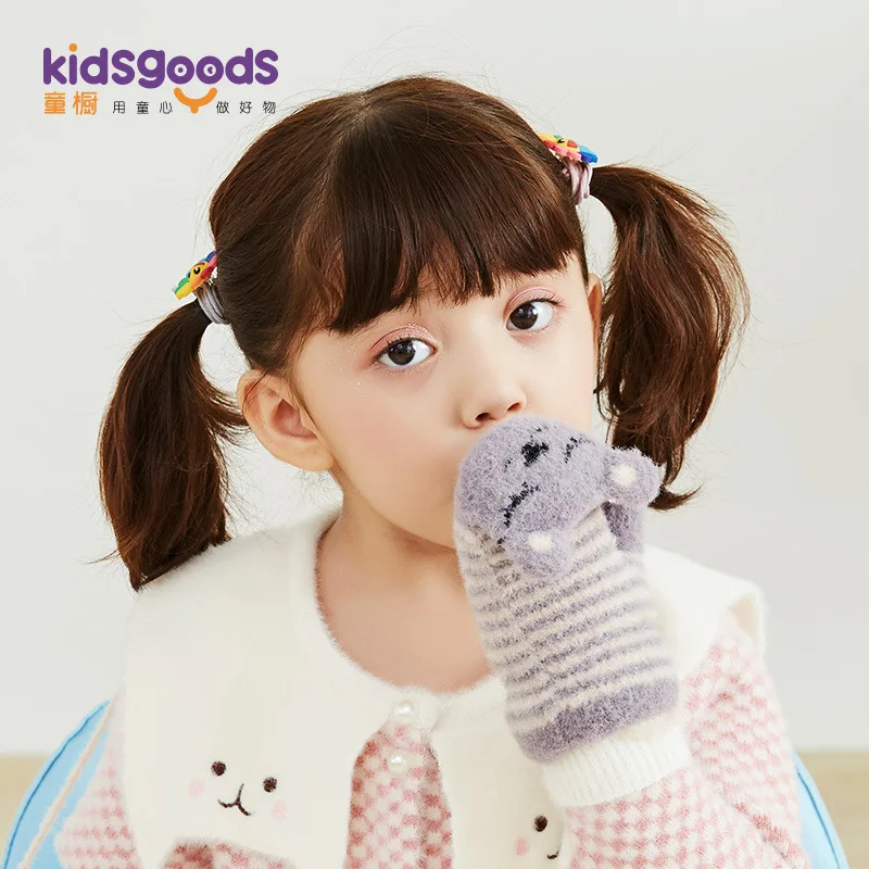 

New Style Children Plush Knitted Gloves Winter Mittens Halter Outdoor Windproof Warm Brushed And Thick Cute Cartoon