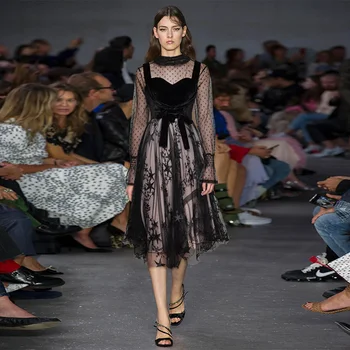 

Dress Women 2020 New Summer Runway Velvet Lace Patchwork Mesh See Through Long Dress Elegant Party Night Club Vestidos Female