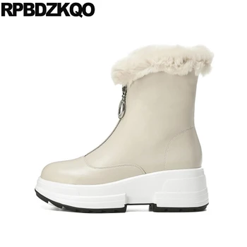 

brand women winter boots genuine leather ankle luxury wedge white front zipper fur new flatform platform shoes muffin high heel