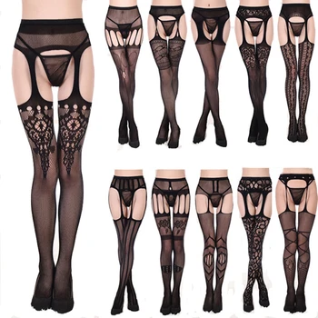 

Women Sexy Lingerie Stockings Black Fishnet Tights Transparent Crotchless Pantyhose Fishnet Thigh High Elastic Lace Stockings