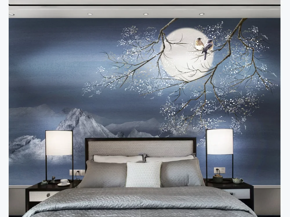 Custom photo wallpaper mural Chinese freehand art blue flowers and birds TV background wall painting