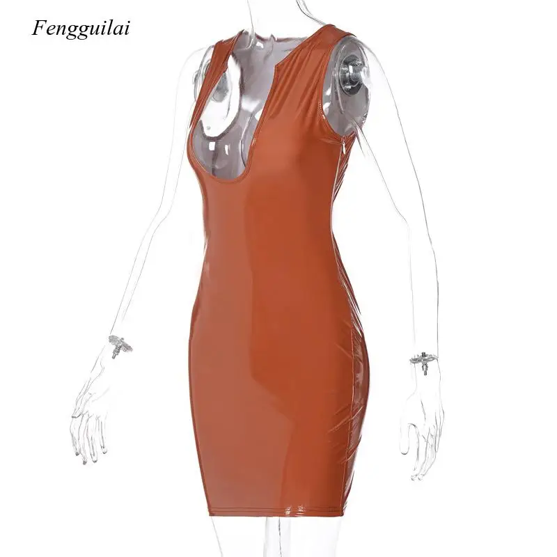 2021 Spring Summer New Sexy Night Club Party Women's Wear Sleeveless U-Neck Pu Leather Dress