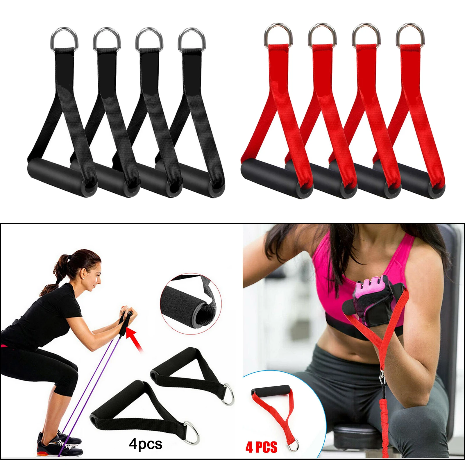 4Pcs Durable Resistance Band Handle Exercise Grip Stirrup Attachment Strap