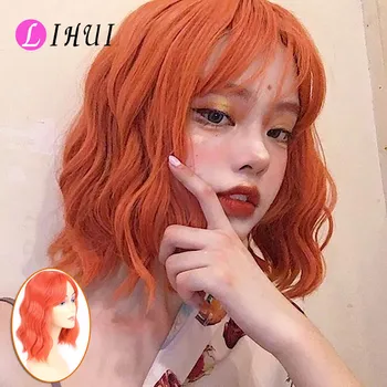 

LIHUI Orange Wigs For Women Synthetic Heat Resistant None Lace Wigs With Bangs Short Pink Wig Pelucas Naturales Hair Peruca