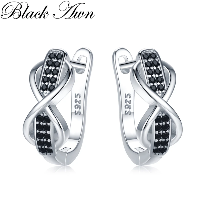 Hoop-Earrings Fine-Jewelry Black Awn 925-Sterling-Silver Spinel Women Round for Bijoux