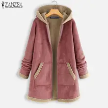 Размера плюс ZANZEA Зимние флисовые куртки на молнии женские винтажные однотонные теплые пальто с капюшоном и длинным рукавом Верхняя одежда для женщин