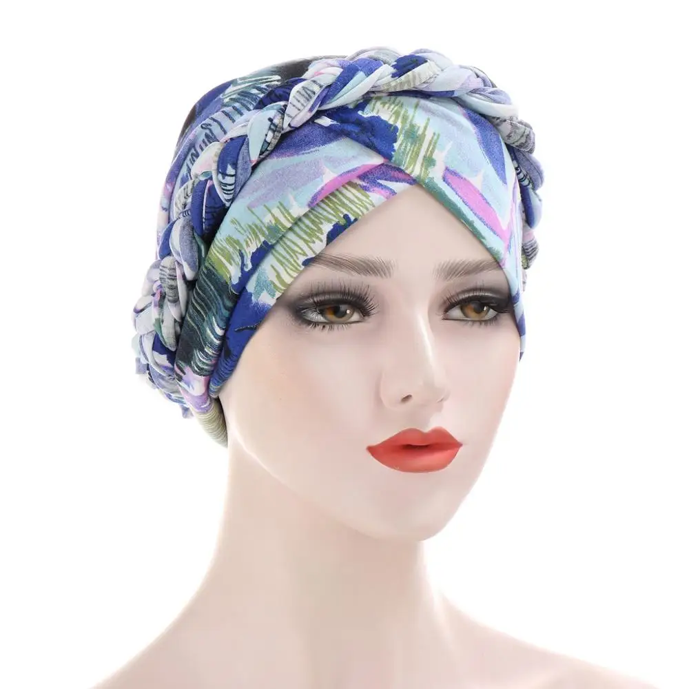 Muslim Women Silk Braid Pre tied Turban Hat Headscarf Cancer Chemo Beanie Cap Headwear Head Wrap Hair Accessories 3