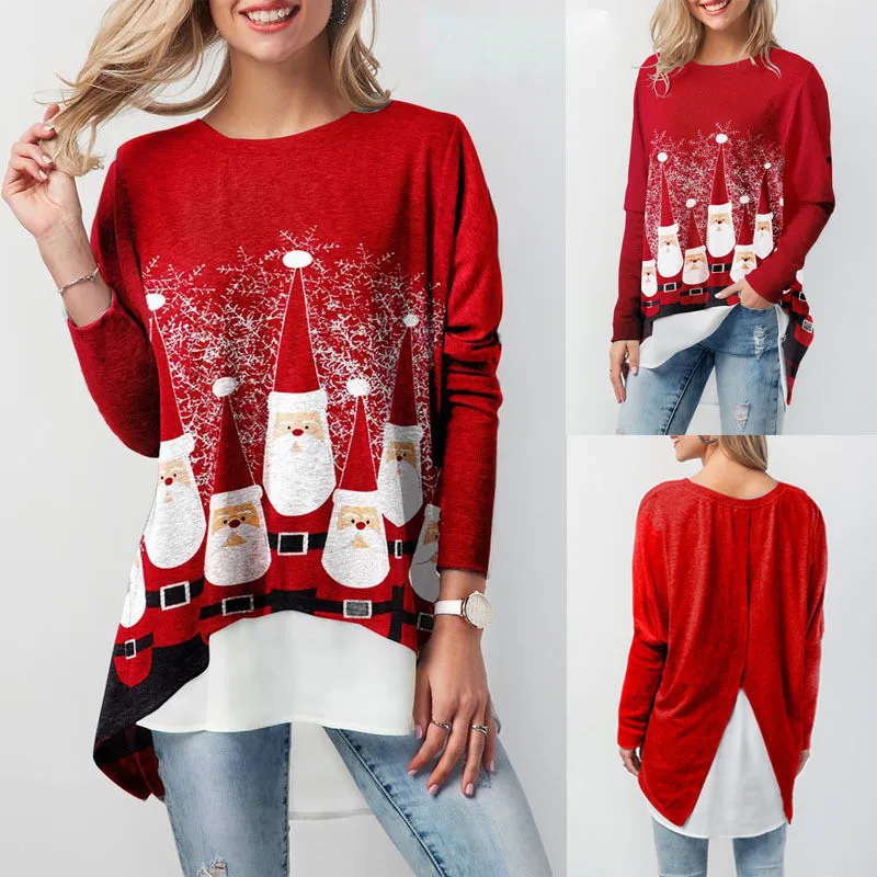 

YELITE 2019 Womens Christmas Printing New T-shirt Tops Splice Fake Two Round Neck Long-sleeved jackets Cute Tunic Casual Tops