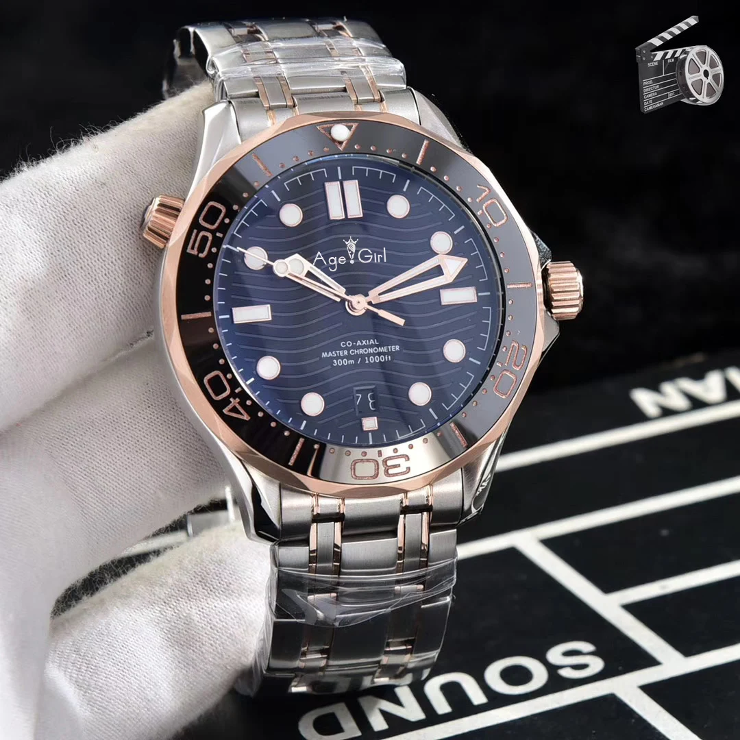 Роскошные брендовые Новые Мужские автоматические механические часы с черным каучуком и розовым золотом James Bond 007 керамические профессиональные сапфировые черные белые
