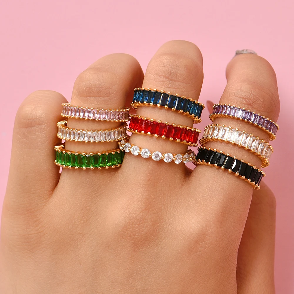 New Trendy CZ Zircon Gold Color Metal Rings for Women Luxury Multicolor Stone Engagement Rings Wedding Bands Jewelry Lover Gifts