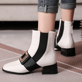 

Female ankle boots 2020 Newest Genuine Leather Metal Decoration Thick high Heels Pumps Office Lady Party Shoes Woman