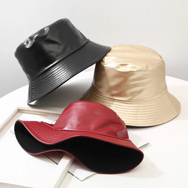 2021 New Faux Leather Bucket Hat Women Reversible Pu And Cotton Soild Sun Hat Fashion Autumn Waterproof Fisherman Hat stussy bucket hat