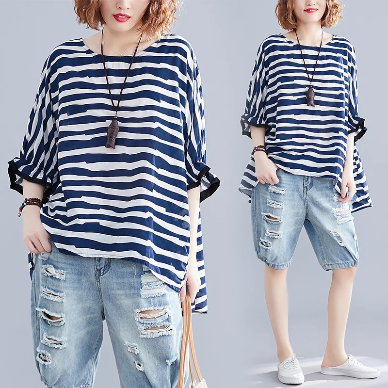 

Plus Size Women Loose Casual t shirts Striped Cotton tshirt Tops O Neck Half Sleeve Irregular Hem T-Shirt Streetwear