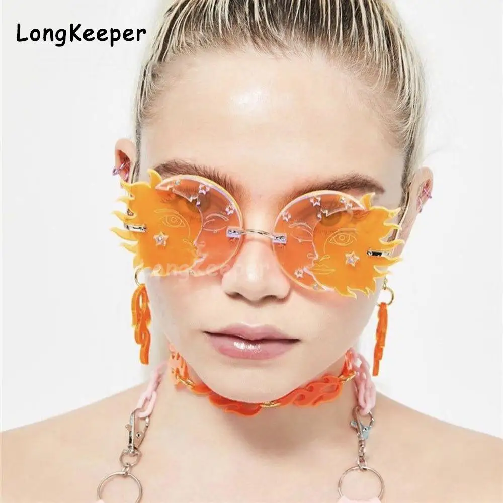 

Orange Rimless Sun Moon Sunglasses Women Fashion Personality Polygonal Sunglass Trendy Funny Unique Ladies Steampunk Eyeglasses