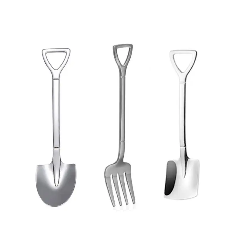 Stainless Steel Cutlery Set Creative Food-Grade Stainless Steel Coffee Ice Cream Spoons Shovel Shape Multi-Color Long Handle Fork Teaspoons Kitchen Tool
