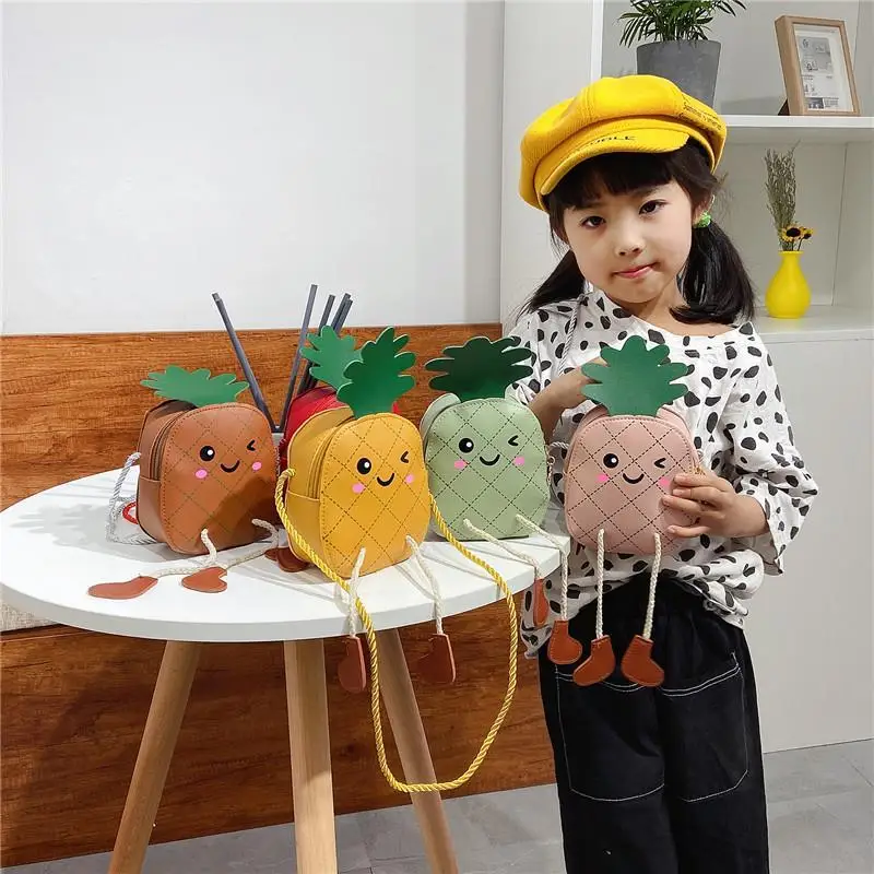 Precioso monedero para niños, bolso cruzado de piel sintética con dibujo de piña para niñas, Mini bolsos de hombro para niños, accesorios bonitos, bolsa de dinero