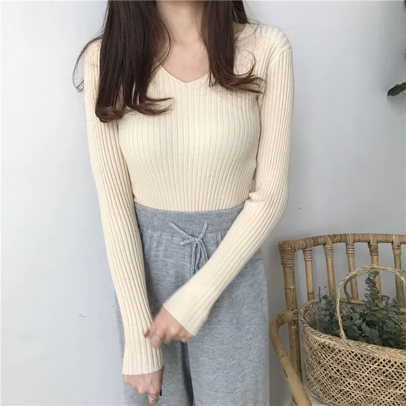 

Bottoming Shirt Women Casual Solid V-Neck Sweater Autumn Winter Knitted Sweaters Pullover