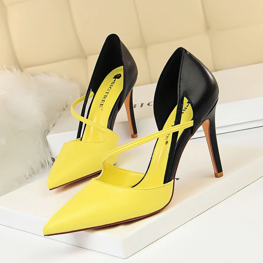 

Korean fashion sweet high heel women's high-heeled shallow mouth pointed color matching hollow word with thin single shoes