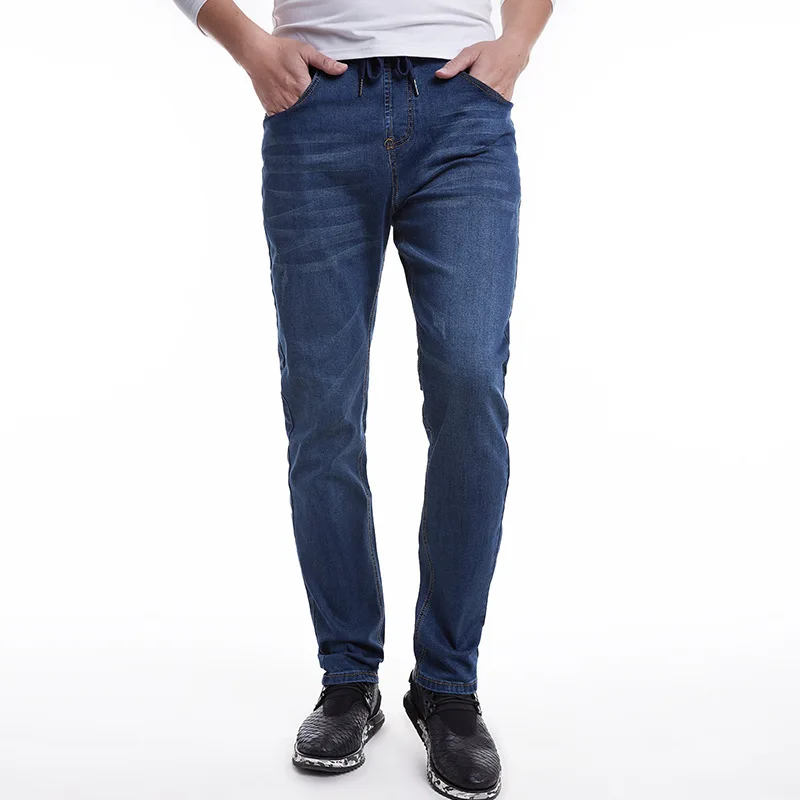 

Large Size MEN'S Jeans Elasticity-Lace-up Elastic Waist Plus-sized Trousers Loose Straight plus Velvet Selectable