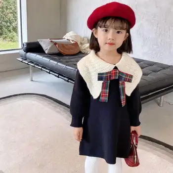 

Girls thick knitted dress autumn and winter doll collar lapel college style double layer sweater dress