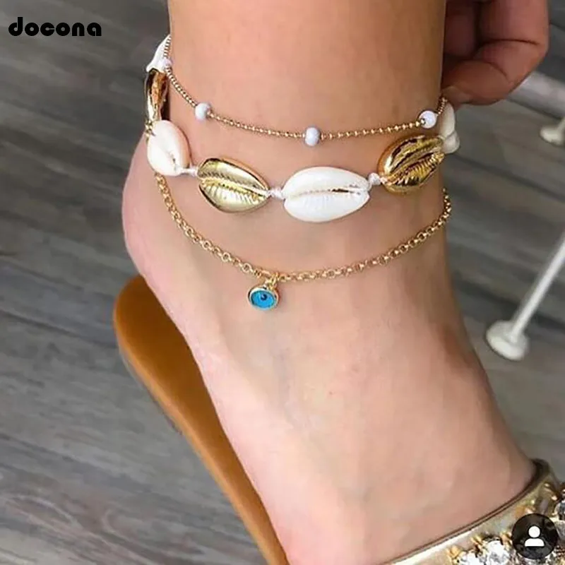 

Docona Gold White Shell Crystal Anklet for Women Girl Cowrie Multilayer Anklet Bracelet Foot Chains Jewelry 8328