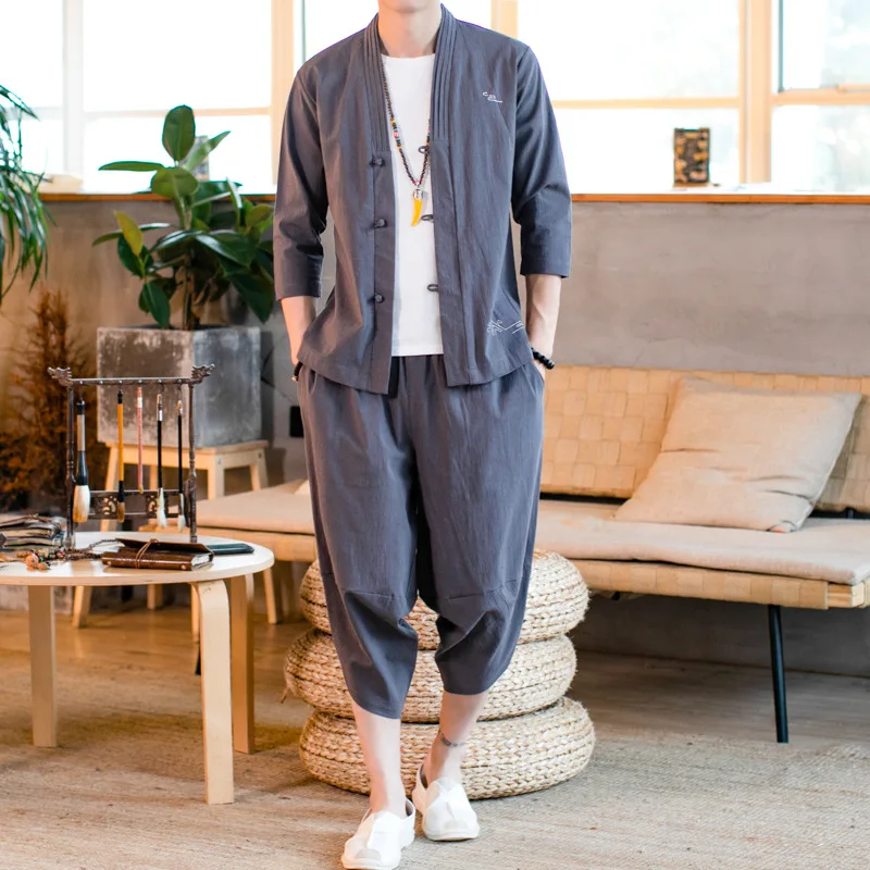 

2019 New Style Chinese-style Origional Flax Set Men's Summer Flax Cardigan Frog Chinese Clothing Casual Two-Piece Set
