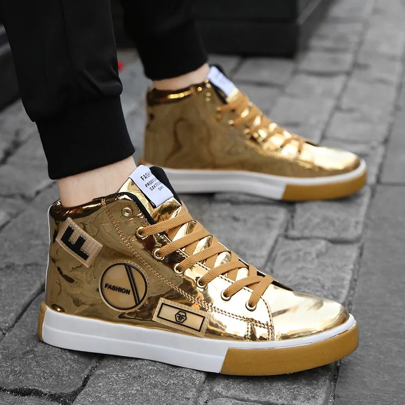 

Hight-top Large Size Shoes Men's Light Skin Bright Surface Casual Hight-top Shoes Model Fashion Performance Catwalks Deductive S