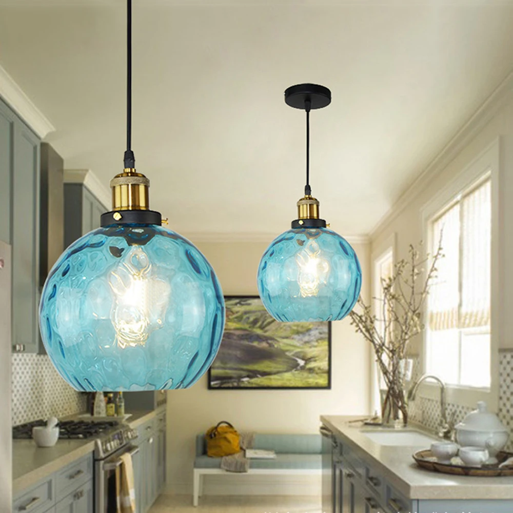 Loft modern blue color glass pendant light LED E27 vintage Nordic hanging lamp with 3 size for bedroom lobby restaurant office images - 6