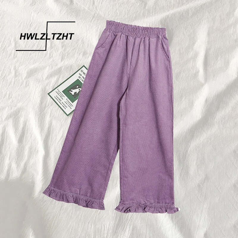 Japanese Fall Winter Women Lolita Style Pants Purple Khaki Corduroy Wide Leg Pants Preppy School Girl Cute Kawaii Ruffles Capris Japanese Fall Winter Women Lolita Style Pants Purple Khaki Corduroy Wide Leg Pants Preppy School Girl Cute Kawaii Ruffles Capris