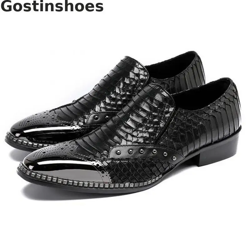 

Luxury Men Oxfords Shoes Casual Genuine Leather Black Snakeskin Pattern Printed Iron Capped Set Foot Leisure Business Shoes