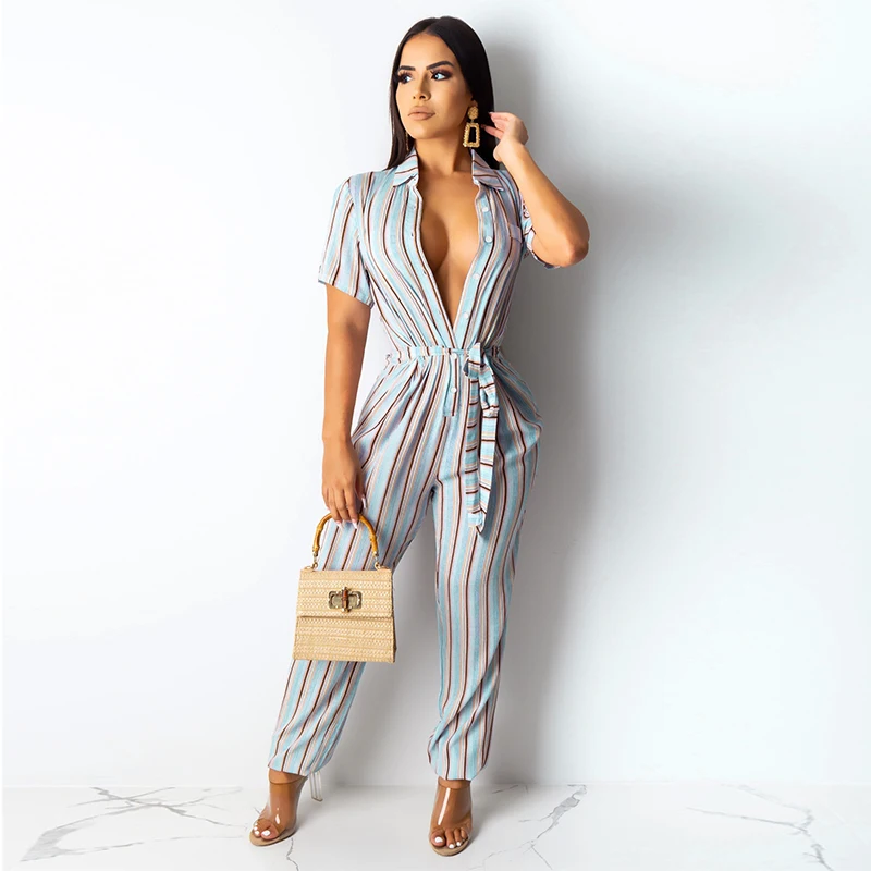 Striped Buttons Up Sexy Overalls for Women Turn-Down Collar Waist Lace Up Causal Jumpsuit Summer Short Sleeve One Piece Playsuit