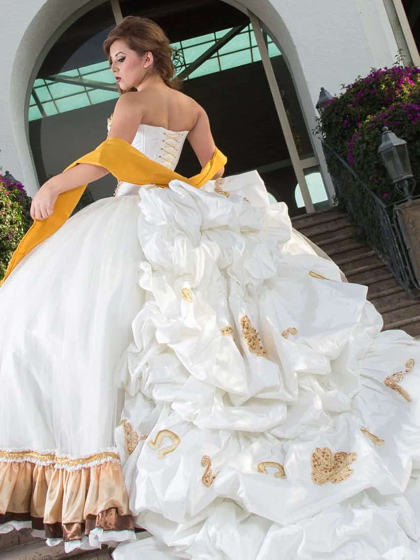 white and gold charro quince dress