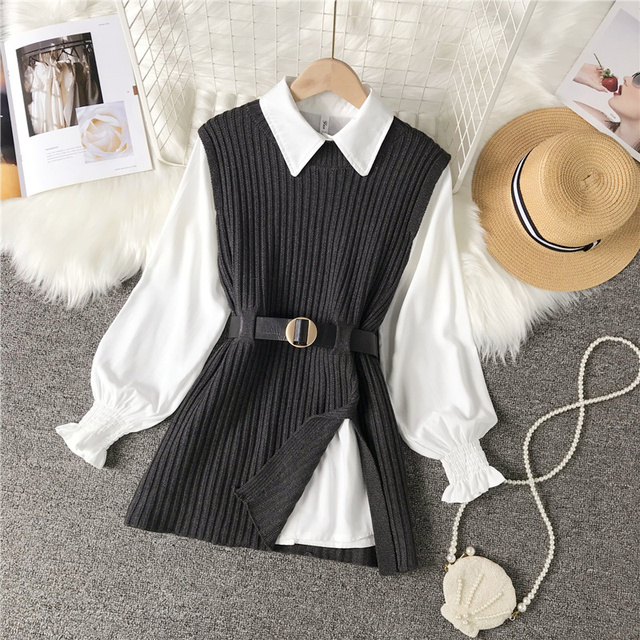 Shirt Knitted Vest Two Piece Sets 2021 Spring Autumn Sweaters Korean Style Lantern Long Sleeve Top Femme Pullovers