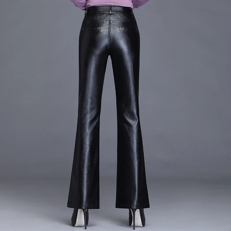 KoHuiJoo/черные брюки из искусственной кожи для женщин; сезон осень-весна; расклешенные кожаные брюки; Женские однотонные брюки; большие размеры; деловые штаны с карманами; M-4XL