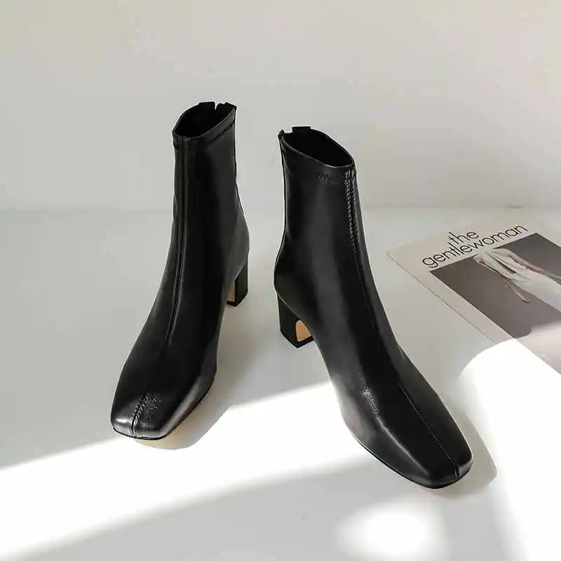 

2019 Best Quality Genuine Leather Boots Women Med Heel Autumn Winter Square Toe Classic British Style Office Boots Female
