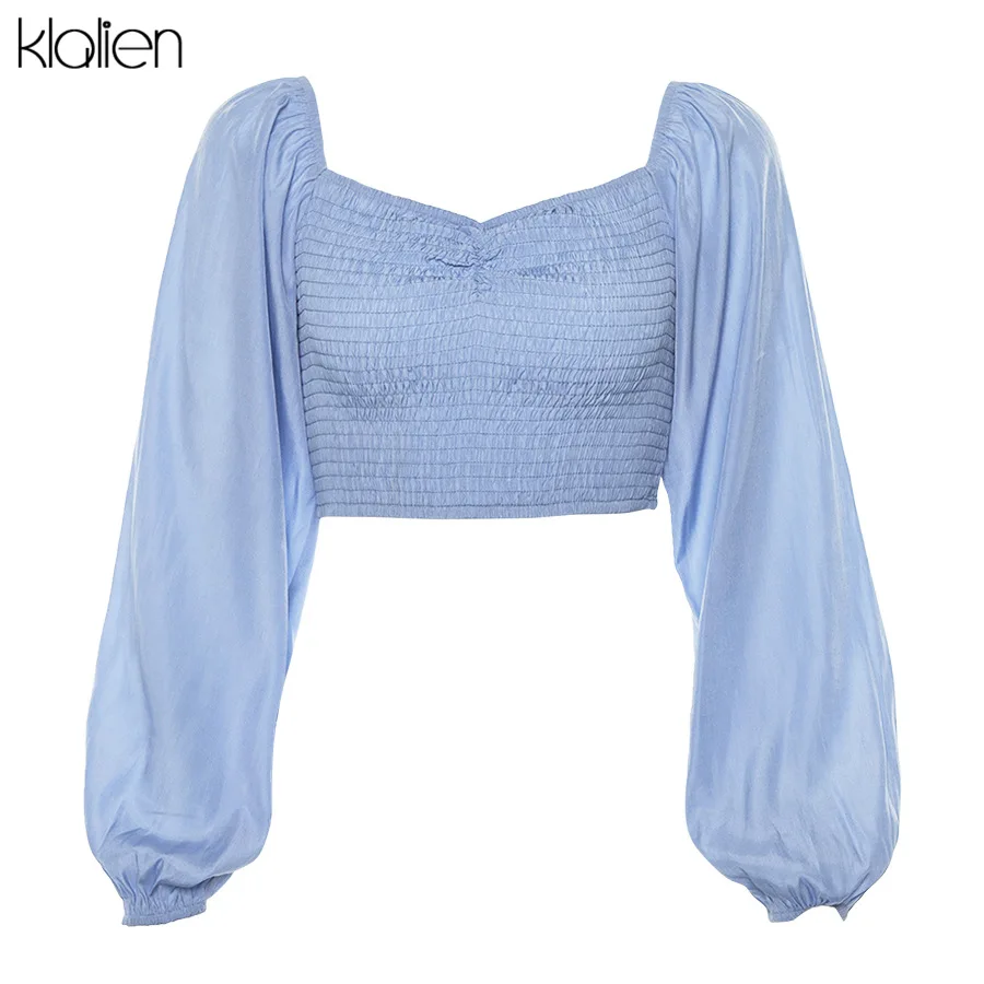 Klanien, Осенний романтичный элегантный топ, рубашка для женщин, с открытыми плечами, офисная, для девушек, уличный, пляжный отдых, досуг, летние футболки, mujer - Цвет: Синий