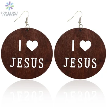 

SOMESOOR 6CM Brown Engraved I Love JESUS African Wooden Drop Earrings Laser Carved Wood Dangle Christian Jewelry For Women Gifts