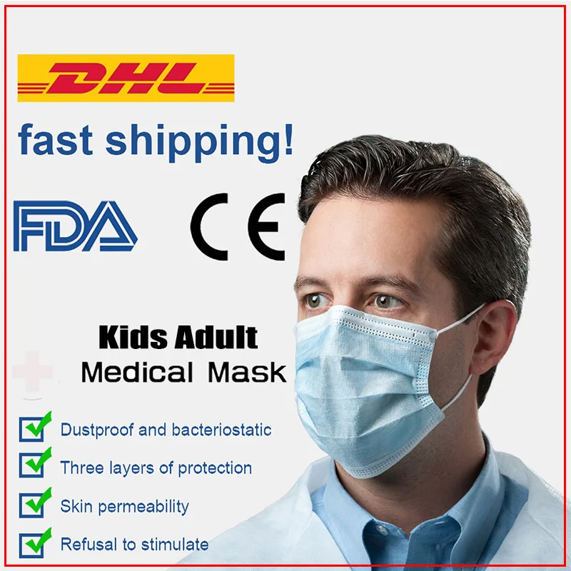 

100Pcs fp3 layer Disposable Elastic Mouth Soft Breathable Blue Soft Breathable Flu Hygiene Child Kids Face Mask DHL Dropshipping