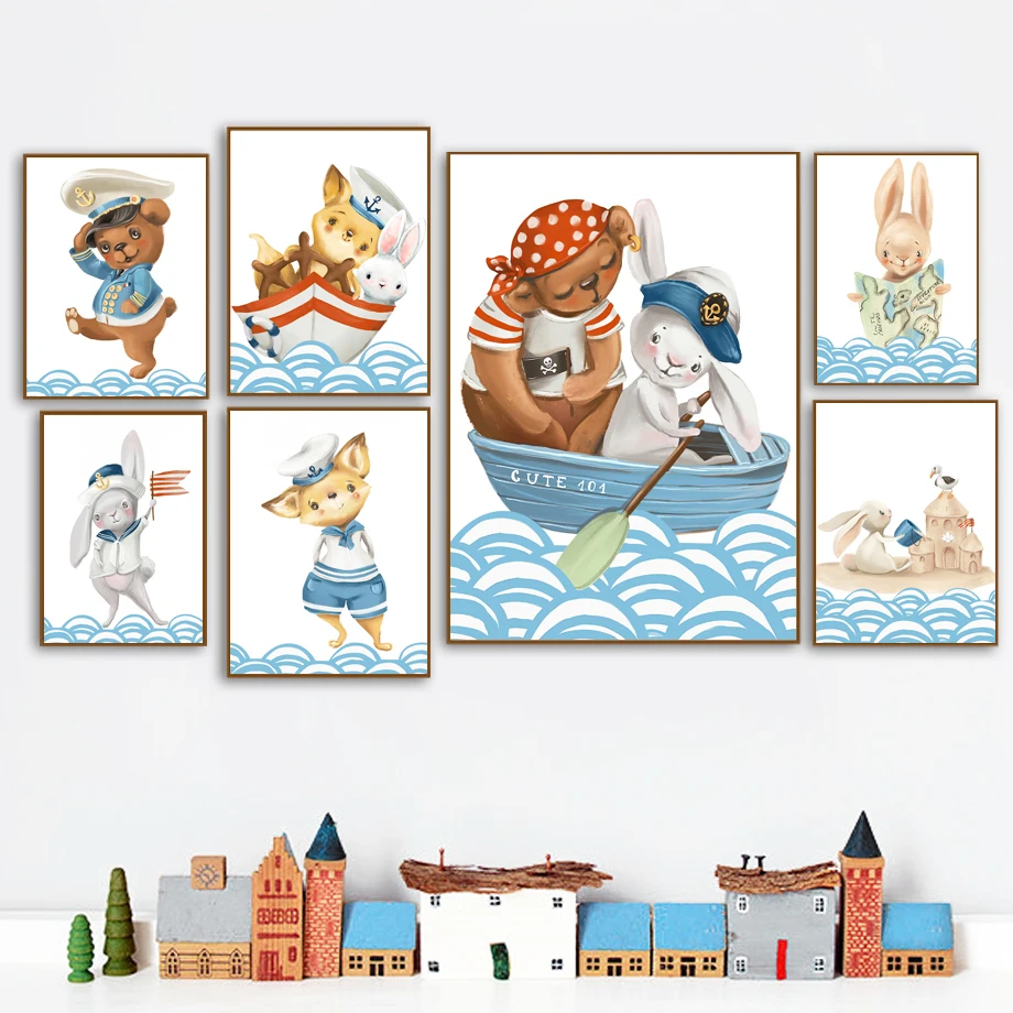 

Cute Cartoon Captain Bear Rabbit Ship Sailing Wall Art Canvas Painting Nordic Posters And Prints Wall Pictures Kids Room Decor