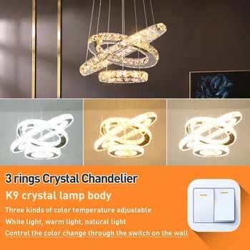 

1 Nordic Crystal Rings LED Pendant Light Fixture K9 Crystal Hanging Pendant Lamp Dimming Lustre For Dining Living Room Kitchen