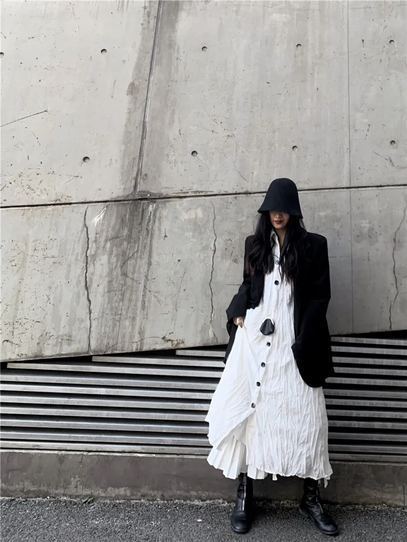 XITAO Irregular Dress Fashion New White Single Breast Full Sleeve 2020 Autumn Goddess Fan Casual Style Loose Dress ZP3683