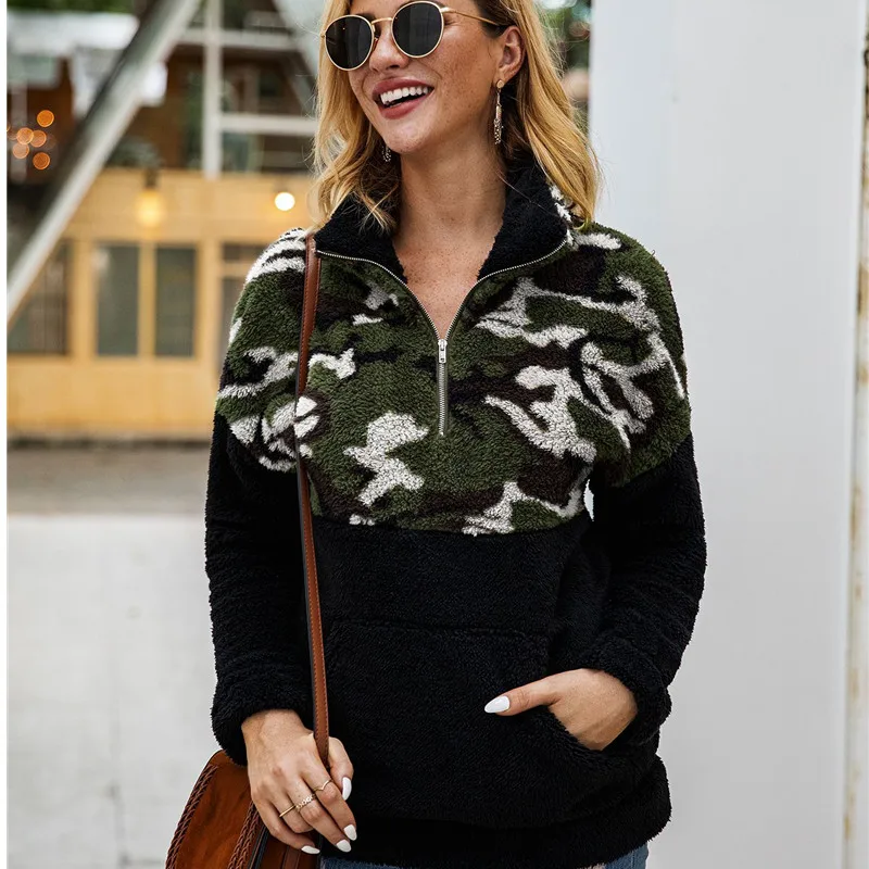 

Hirigin 3 Color Fleece Fashion Camo Patchwork Fluffy Thick Warm Zipper Pullovers Women Winter Clothes Coat Tops