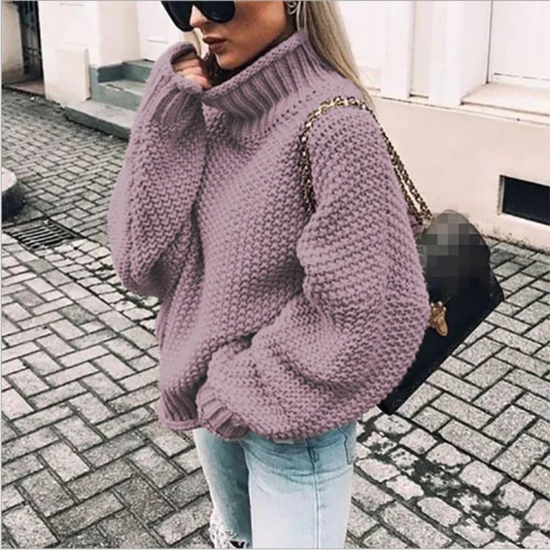 Осенне-зимний свободный свитер цвета хаки, женские вязаные Джемперы, пуловер, женский теплый толстый свитер Harajuku с высоким воротом большого размера, женский свитер - Цвет: Purple