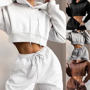 

Casual Two Piece Set Hoodie Solid Color Short Tops And Long Pants Loose 2 Piece Set Women Fashion Sexy Sport Female Tracksuits