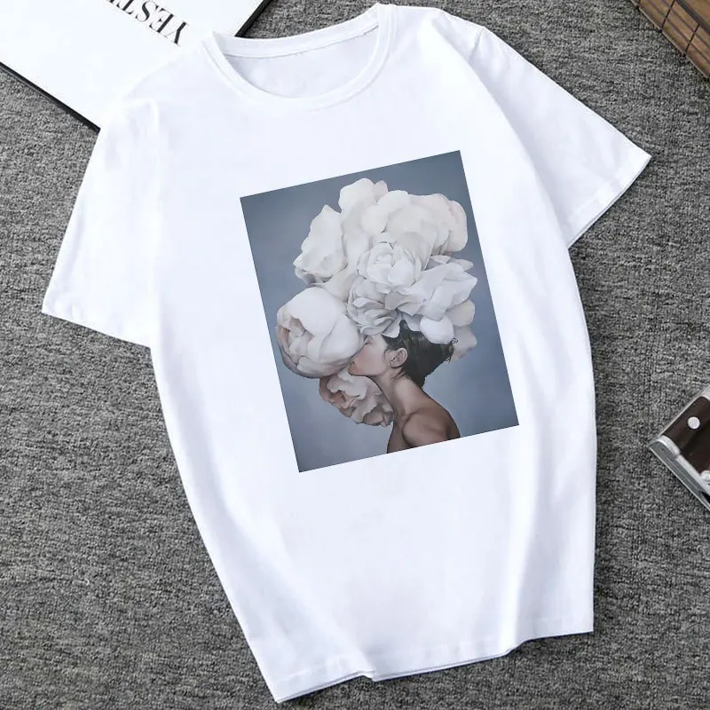 

Vogue Summer 2019 Tumblr Harajuku Casual Vintage Sexy Flowers Feather Print Tee Shirt Femme Short Sleeve Funny T Shirt Women