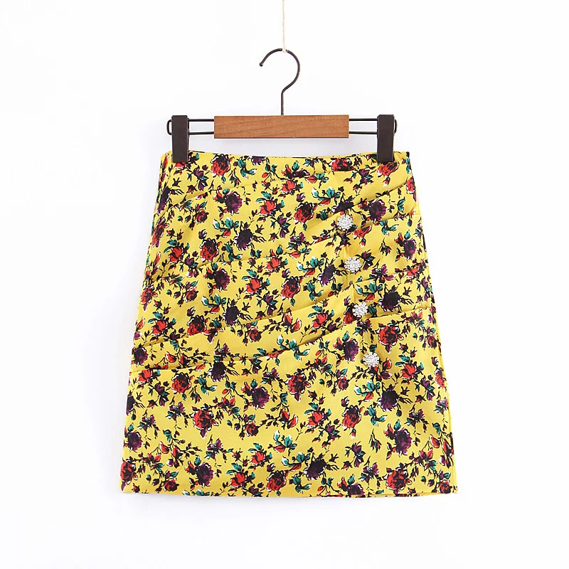 

2019 Spring Europe And America WOMEN'S Dress New Style Yellow Printed Skirt Small Short Skirt 2048