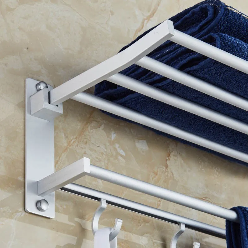 Space Aluminum Double Towel Rack With 5 Hooks Foldable 40Cm