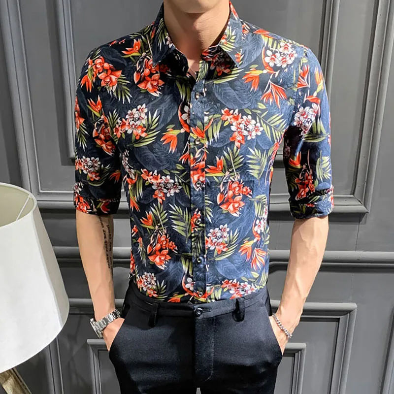 

Europe Men Shirt Three Quarter Sleeve Flower Print Shirts Male Fashion Streetwear Slim Fit Thin Camisa Masculina Brand Clothing